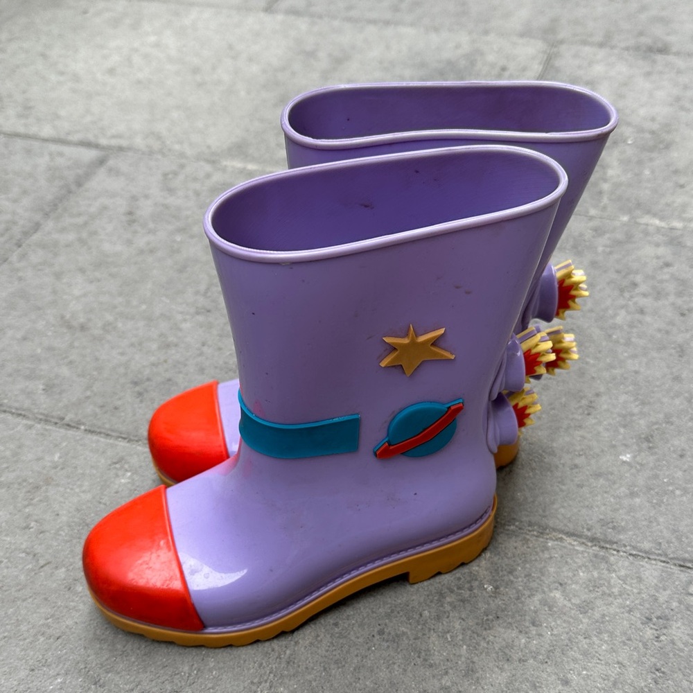 Mini Melissa Purple Rocket Rain Boots with Red Toe Caps